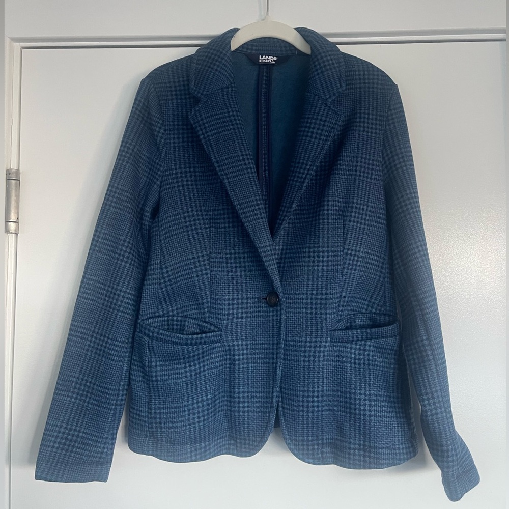 Lands’ End plaid knit sweater/blazer 🩵🩵